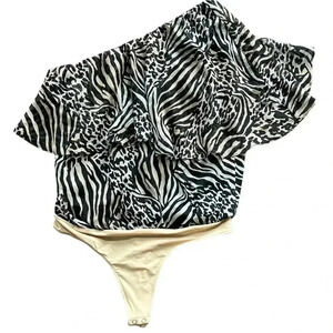 Womens Zebra Leopard Animal Print One Shoulder Ruffled MobWife Glam‎ Bodysuit M
